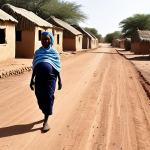 **Image Prompt:** A poignant photograph capturing a Chadian woman in a remote village, heavily pregnant and walking a long, dusty road with a worried expression. The background shows a simple, mud-brick dwelling and a vast, arid landscape. This image symbolizes the challenges of accessing prenatal care due to geographical isolation and limited resources in Chad. The style should be realistic and empathetic, highlighting the woman's strength and vulnerability.