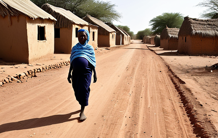**Image Prompt:** A poignant photograph capturing a Chadian woman in a remote village, heavily pregnant and walking a long, dusty road with a worried expression. The background shows a simple, mud-brick dwelling and a vast, arid landscape. This image symbolizes the challenges of accessing prenatal care due to geographical isolation and limited resources in Chad. The style should be realistic and empathetic, highlighting the woman's strength and vulnerability.