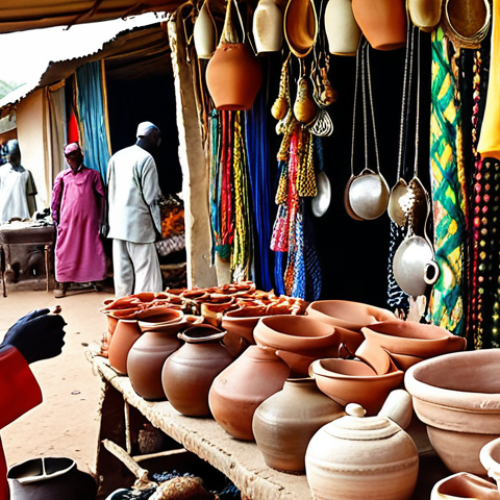 Dembé Market, N'Djamena**

"A bustling, vibrant scene at Dembé Market in N'Djamena, Chad. Focus on the colors, sounds, and smells of the market. Show artisans at work, people sampling local specialties, and merchants haggling. Capture the labyrinthine feel of the market. Include handcrafted leather goods, intricate pottery, delicate silver jewelry, and brightly colored fabrics."

**