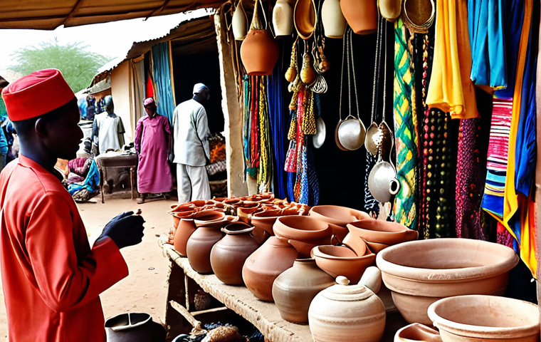 Dembé Market, N'Djamena**
"A bustling, vibrant scene at Dembé Market in N'Djamena, Chad. Focus on the colors, sounds, and smells of the market. Show artisans at work, people sampling local specialties, and merchants haggling. Capture the labyrinthine feel of the market. Include handcrafted leather goods, intricate pottery, delicate silver jewelry, and brightly colored fabrics."
**