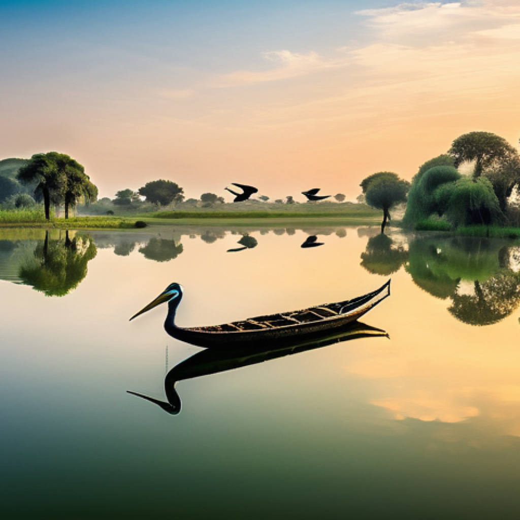 차드의 다양한 생태계 탐험 - **A serene and vast panoramic view of Lake Chad at sunrise.** The image features a patchwork of calm...