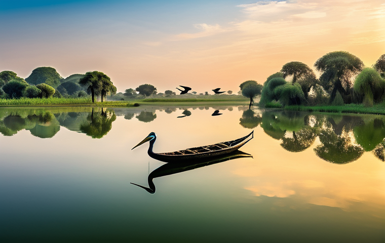 차드의 다양한 생태계 탐험 - **A serene and vast panoramic view of Lake Chad at sunrise.** The image features a patchwork of calm...