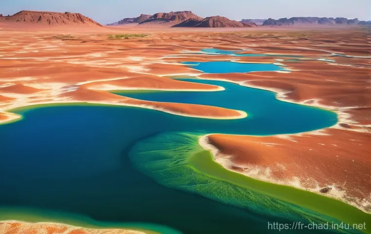 차드 사막 투어 - **Otherworldly Ounianga Lakes, Chad:**
A breathtaking, wide-angle cinematic landscape shot of th...
