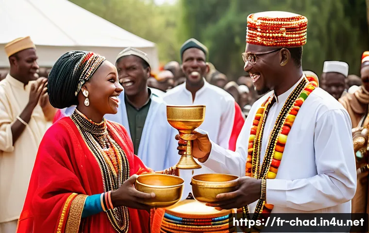 차드의 전통 혼례 문화 - A vibrant outdoor Chadian wedding scene featuring the bride and groom exchanging ornately decorated ...