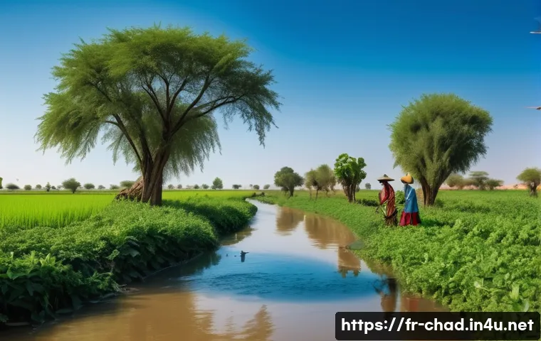 차드에서 가장 큰 강과 호수 - A vibrant rural scene in southern Chad featuring local farmers irrigating their fields using traditi...