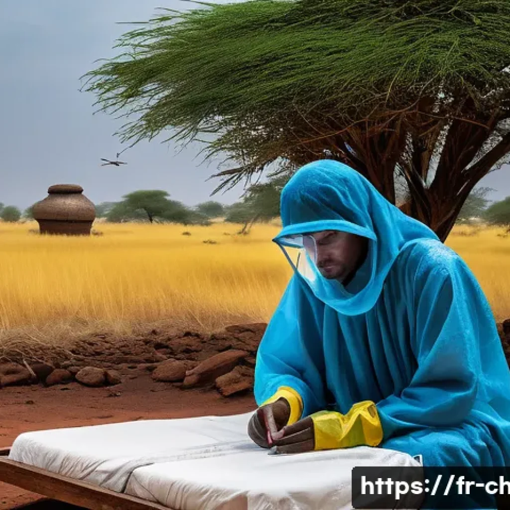 차드에서 주의해야 할 전염병 - A detailed and realistic scene of a traveler in Chad during the rainy season, wearing long, lightwei...