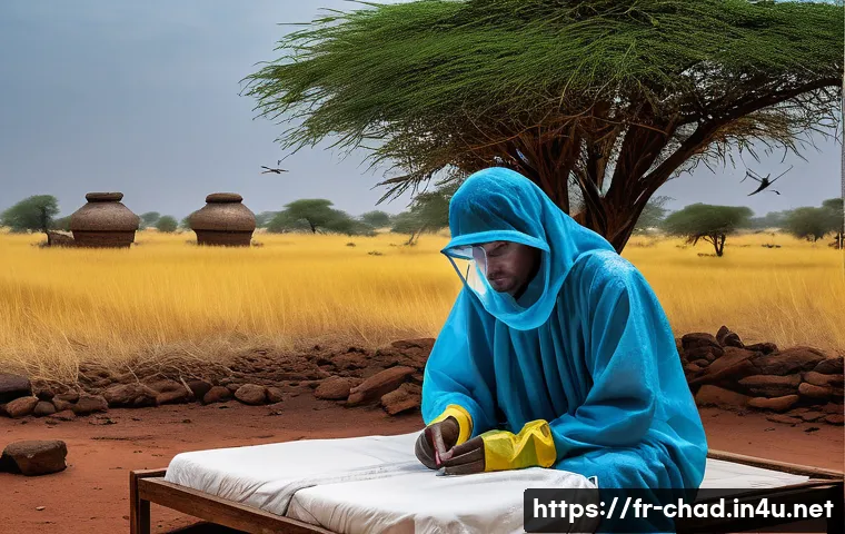 차드에서 주의해야 할 전염병 - A detailed and realistic scene of a traveler in Chad during the rainy season, wearing long, lightwei...