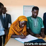 차드에서 중요한 법과 규제 - A detailed scene inside a modern Chadian government office where a diverse group of people are engag...