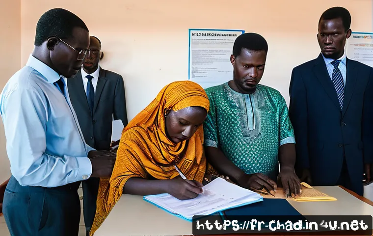 차드에서 중요한 법과 규제 - A detailed scene inside a modern Chadian government office where a diverse group of people are engag...