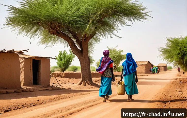 차드에서의 국제 개발 프로젝트 - A vibrant rural scene in Chad showing a newly constructed dirt road connecting isolated villages, wi...