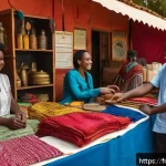 차드의 소규모 여행사 이용법 - A warm, vibrant market scene in Chad featuring a local travel agency booth with friendly staff weari...