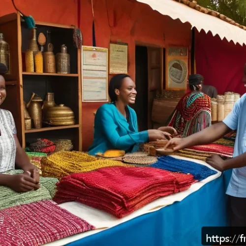 차드의 소규모 여행사 이용법 - A warm, vibrant market scene in Chad featuring a local travel agency booth with friendly staff weari...