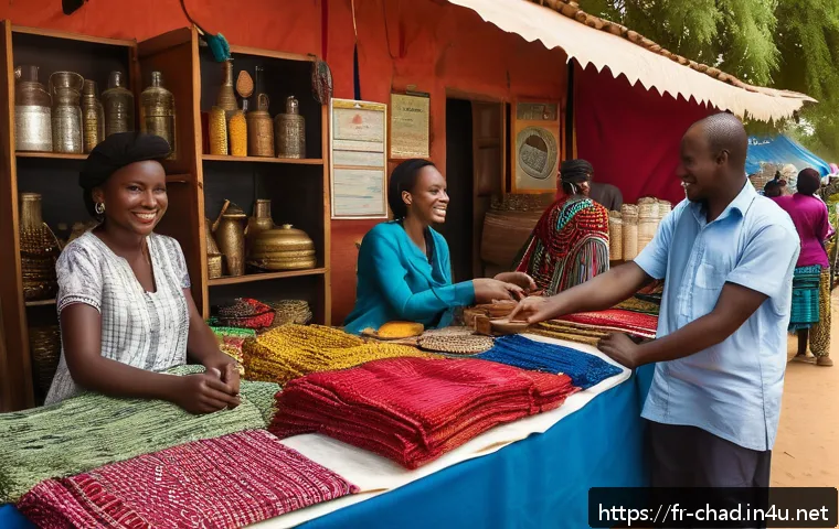 차드의 소규모 여행사 이용법 - A warm, vibrant market scene in Chad featuring a local travel agency booth with friendly staff weari...