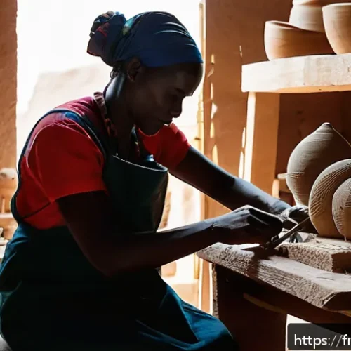 차드에서 예술 작품 구입 방법 - A detailed scene inside a traditional Chadian artisan workshop, featuring a skilled Sara wood sculpt...
