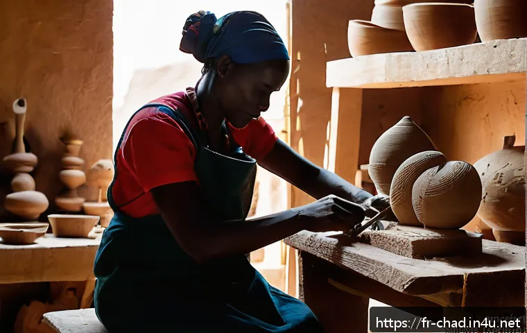 차드에서 예술 작품 구입 방법 - A detailed scene inside a traditional Chadian artisan workshop, featuring a skilled Sara wood sculpt...