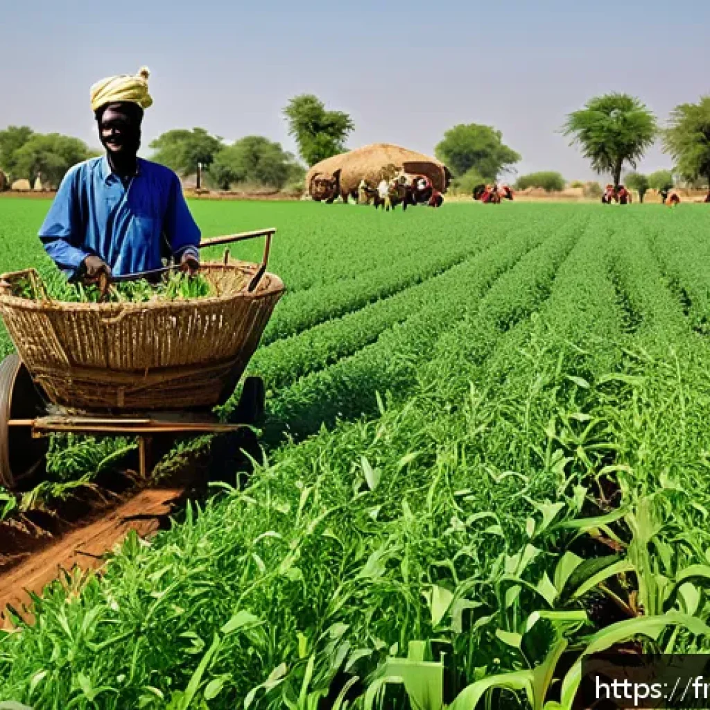 차드에서의 비즈니스 기회 - A vibrant rural scene in Chad showcasing local farmers in traditional clothing using modern agricult...