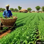 차드에서의 비즈니스 기회 - A vibrant rural scene in Chad showcasing local farmers in traditional clothing using modern agricult...
