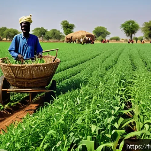 차드에서의 비즈니스 기회 - A vibrant rural scene in Chad showcasing local farmers in traditional clothing using modern agricult...