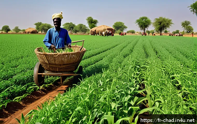 차드에서의 비즈니스 기회 - A vibrant rural scene in Chad showcasing local farmers in traditional clothing using modern agricult...