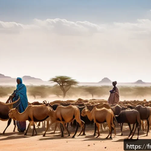 차드의 가축 산업과 유목민 문화 - A vibrant scene of Chadian nomadic herders guiding a large herd of zebus and dromedaries across an a...