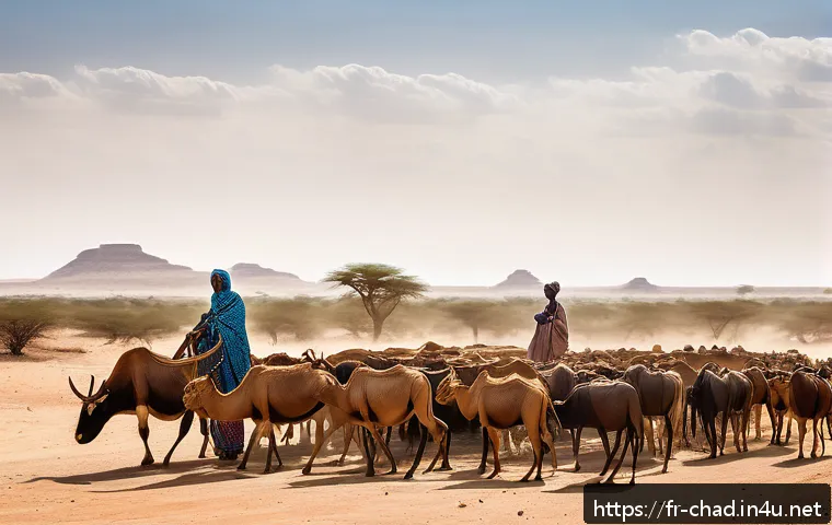 차드의 가축 산업과 유목민 문화 - A vibrant scene of Chadian nomadic herders guiding a large herd of zebus and dromedaries across an a...